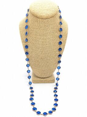 Vintage Open Bezel Necklace Cobalt Blue Glass Crystal Gold Tone Long Station